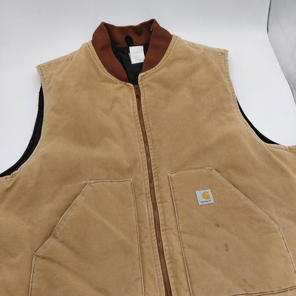 Carhartt Mens 4XL Brown Work Vest Chore Canvas Lined Full Zip Ribbed Collar Logo